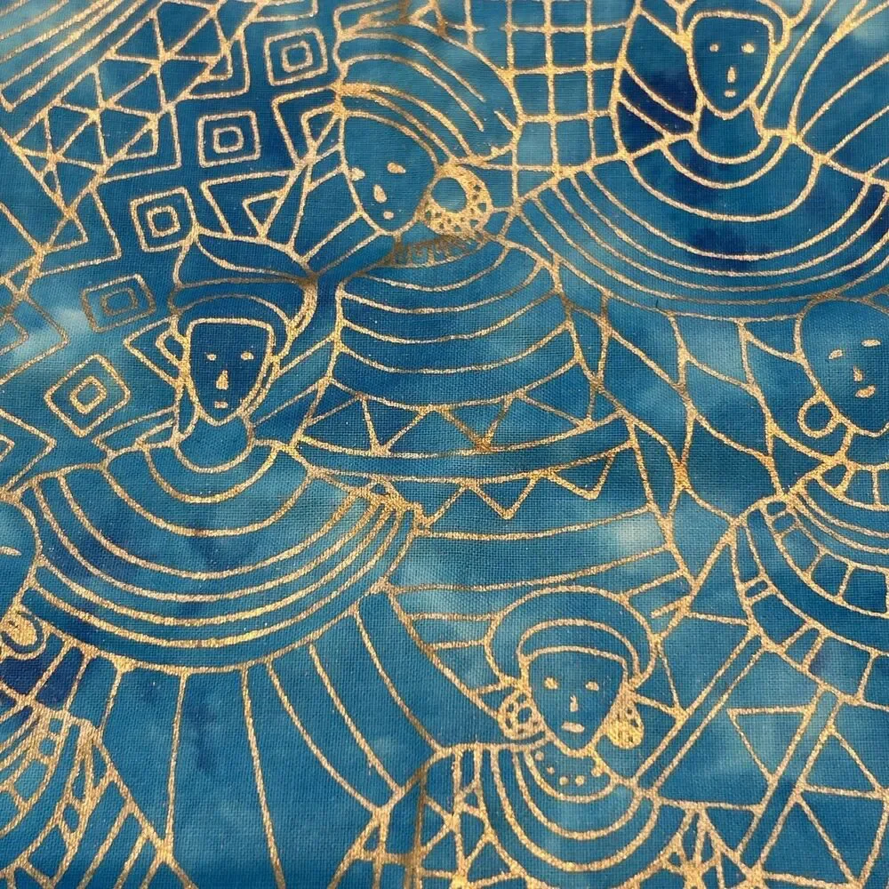 Cotton Quilting Fabric Tribal Print Batik Blue Goddess Gold Outline 3.3 Yd